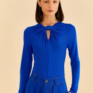NWOT, Farm Rio Bright Blue Long Sleeve Bodysuit, Size XL